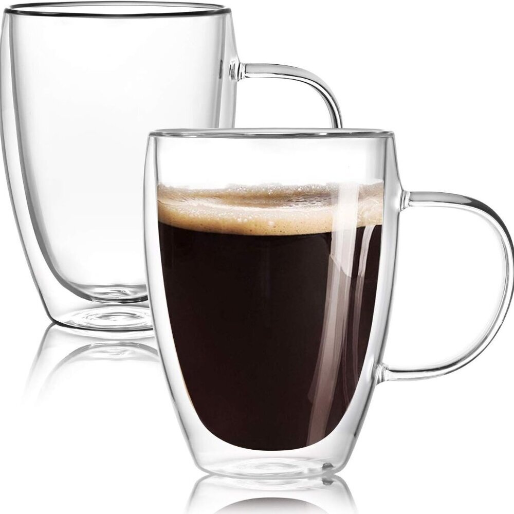 12 Oz Double Walled Glass Coffee Mugs with Handle, Insulated Layer Coffee Cups,